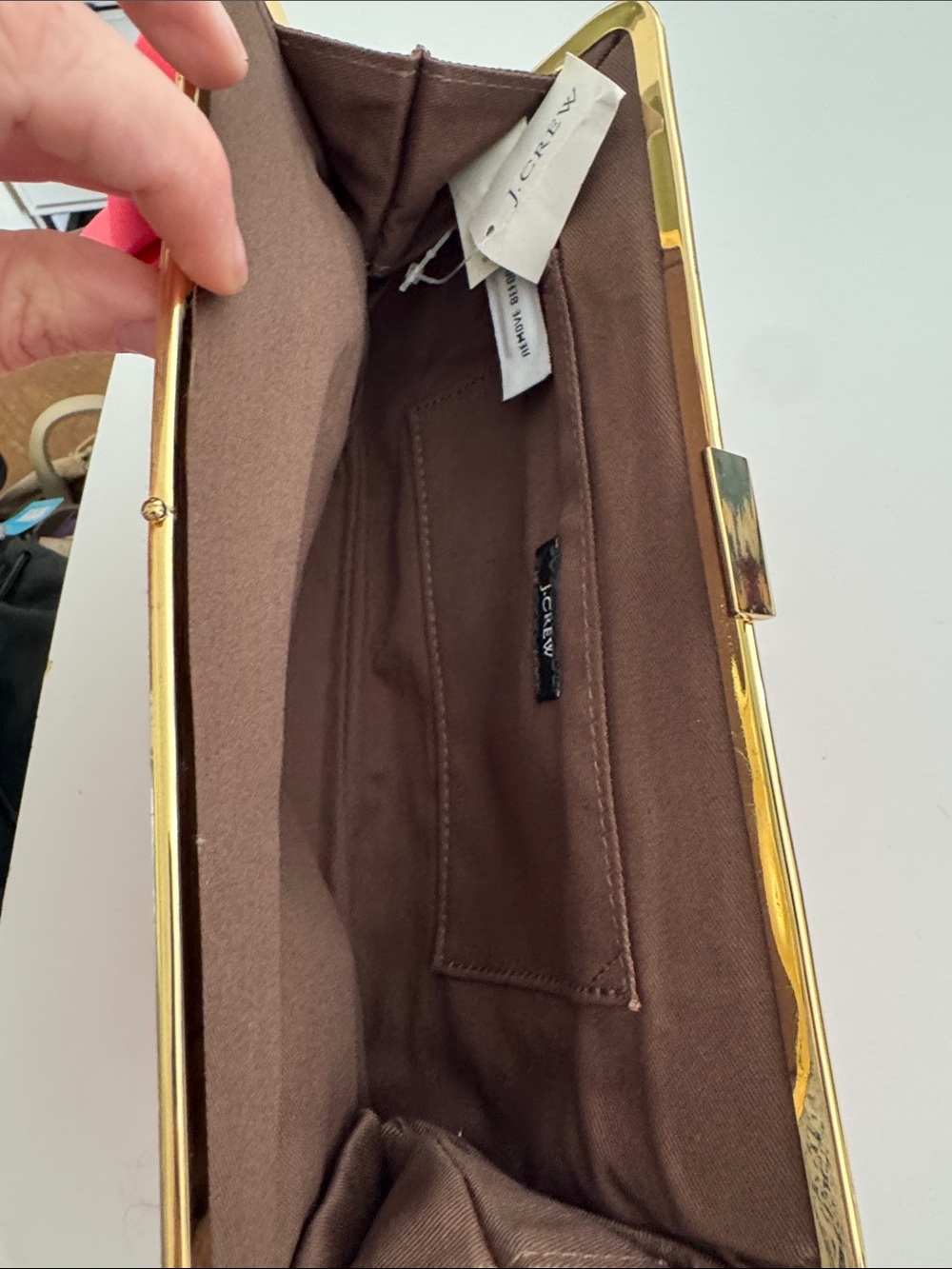 100% silk J.Crew pink w/ gold tone snap bow clutch handbag purse new with tag - Picture 3 of 7